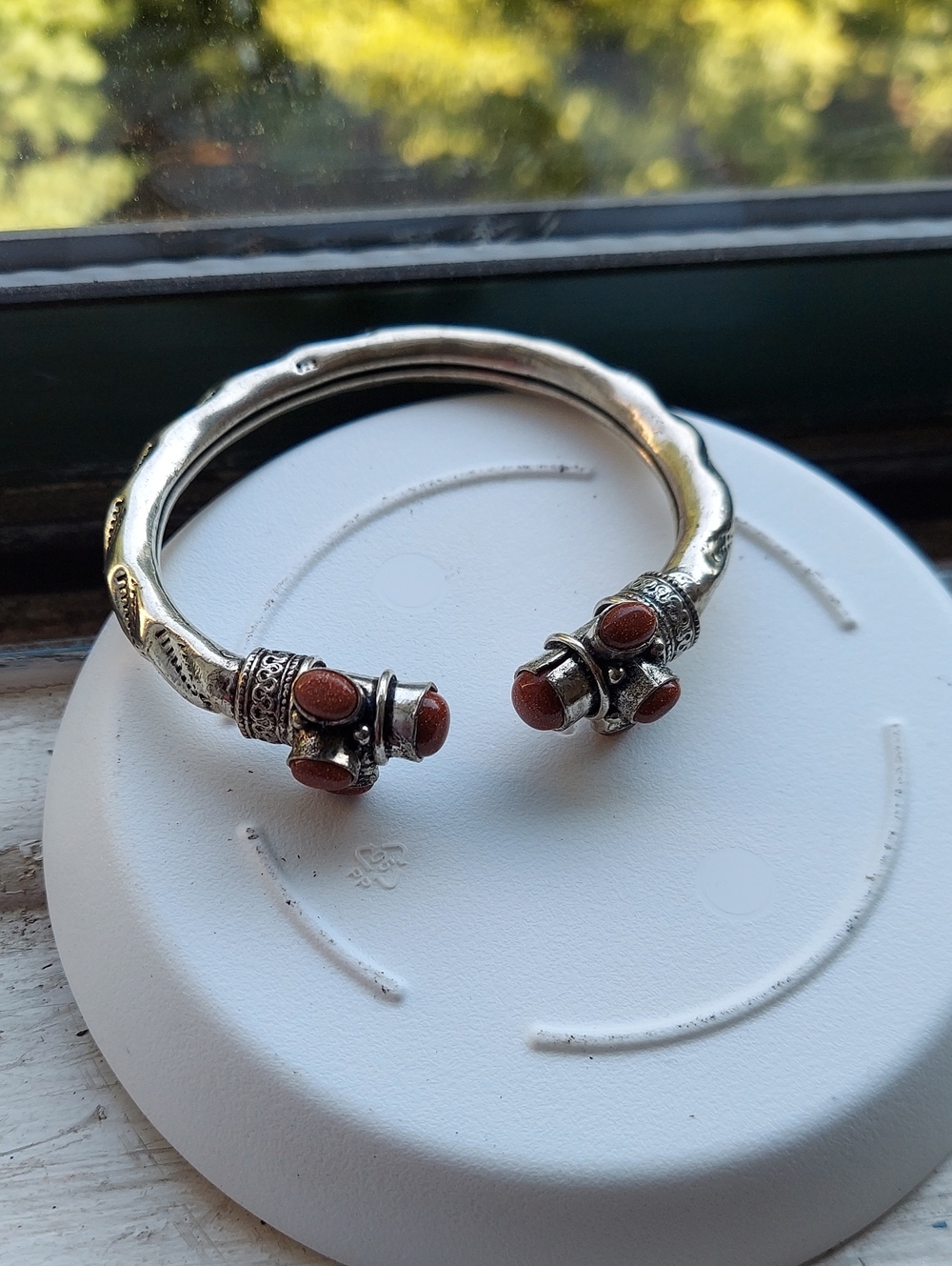 Vintage Indian Silver Goldstone Cuff Kada Bangle Bracelet Tribal Ethnic 7-8"